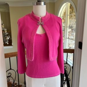 Stunning 2 piece hot pink cardigan set with jeweled closure